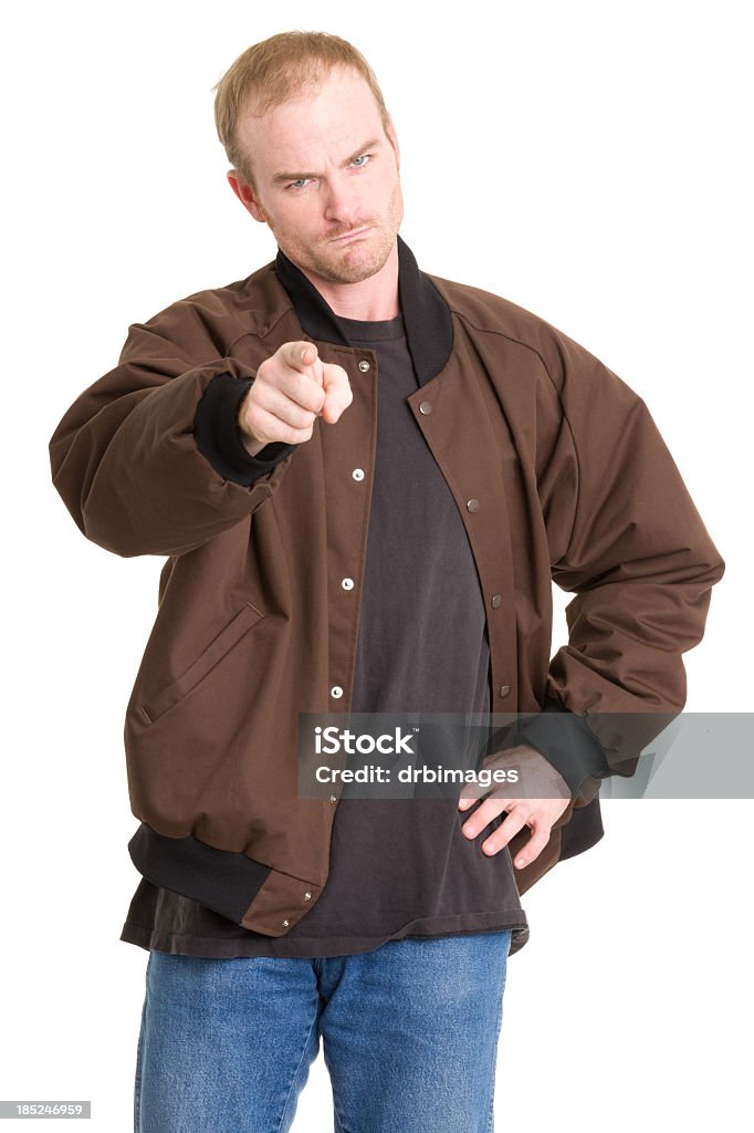 Tough Man Points At Camera Portrait of a man on a white background. http://s3.amazonaws.com/drbimages/m/sk.jpg Men Stock Photo