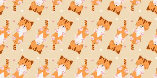 Vector illustration of Seamless pattern cute ginger kitten sleeping on light yellow background