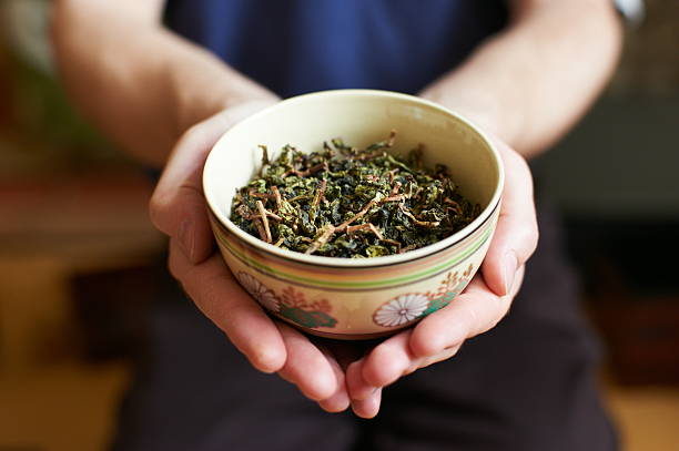 foglie di tè cinese - tea leaves chinese tea green tea leaf foto e immagini stock