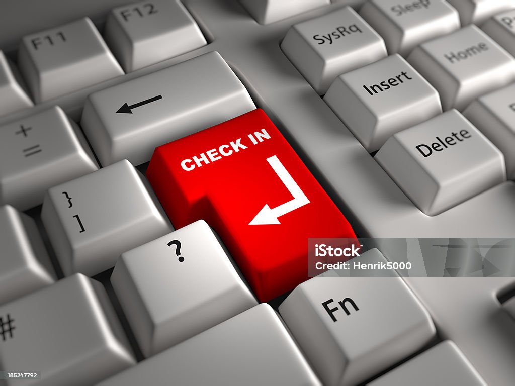 Primo piano della tastiera: Check-In chiave - Foto stock royalty-free di Accesso al sistema