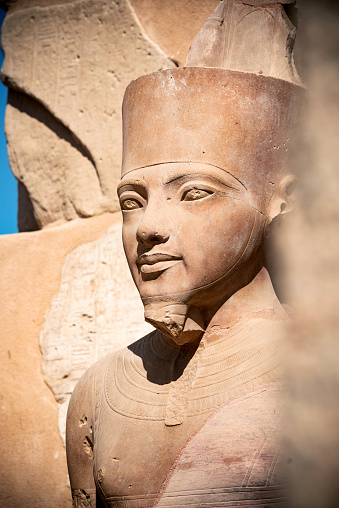 Beautiful Portrait of Egyptian Pharaoh Tutankhamen Carved in Stone at Luxor Temple, Historical City of Thebes. Gods and Kings of Egyptology. Egypt.