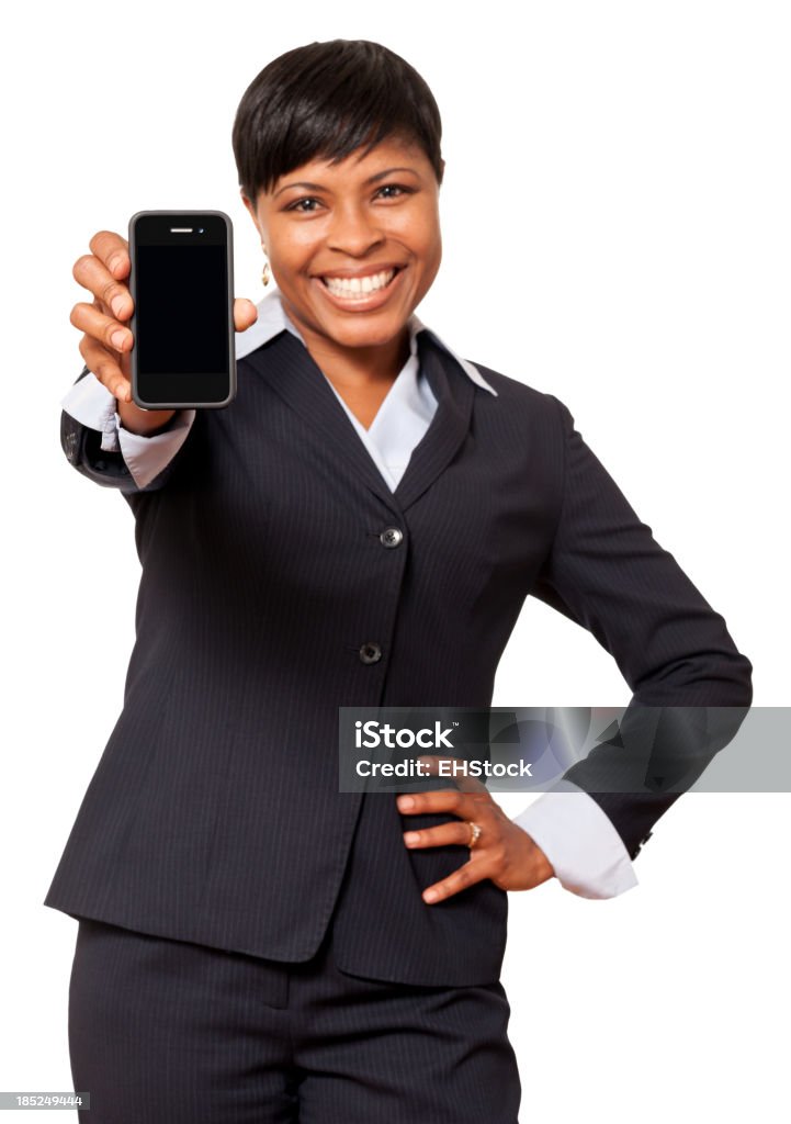 African American Businesswoman with Smartphone Isolated on White Background Adult Stock Photo