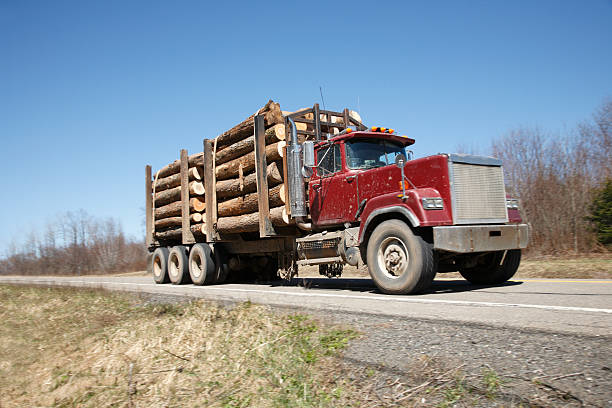 Loaded Log Truck On Highway stock photo