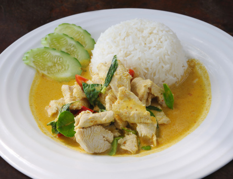 Delicious Thai Chicken Curry and Vegetables in Coconut Milk, served with Rice. Nikon D3X. Converted from RAW.