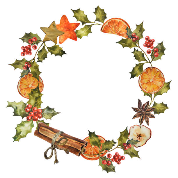 Wreath with holly branches, dry orange, spices. Hand drawn watercolor illustration. Circle frame on a white background for New Year and Christmas Wreath with holly branches, dry orange, spices. Hand drawn watercolor illustration. Circle frame on a white background for New Year and Christmas. christmas menu template clip art stock illustrations