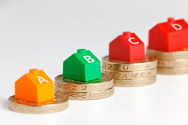 Council Tax "Council Tax is the system of local taxation used in England, Scotland and Wales to fund the many services provided by local government in each country. The basis of the annual tax is one of the 8 valuation bands, graded from Band A to Band H, with A being the lowest valuation band into which your residential property can fall. Taxation rises with the highest taxation given to band H properties. Good copy space on white background. Not isolated." british falling pounds stock pictures, royalty-free photos & images