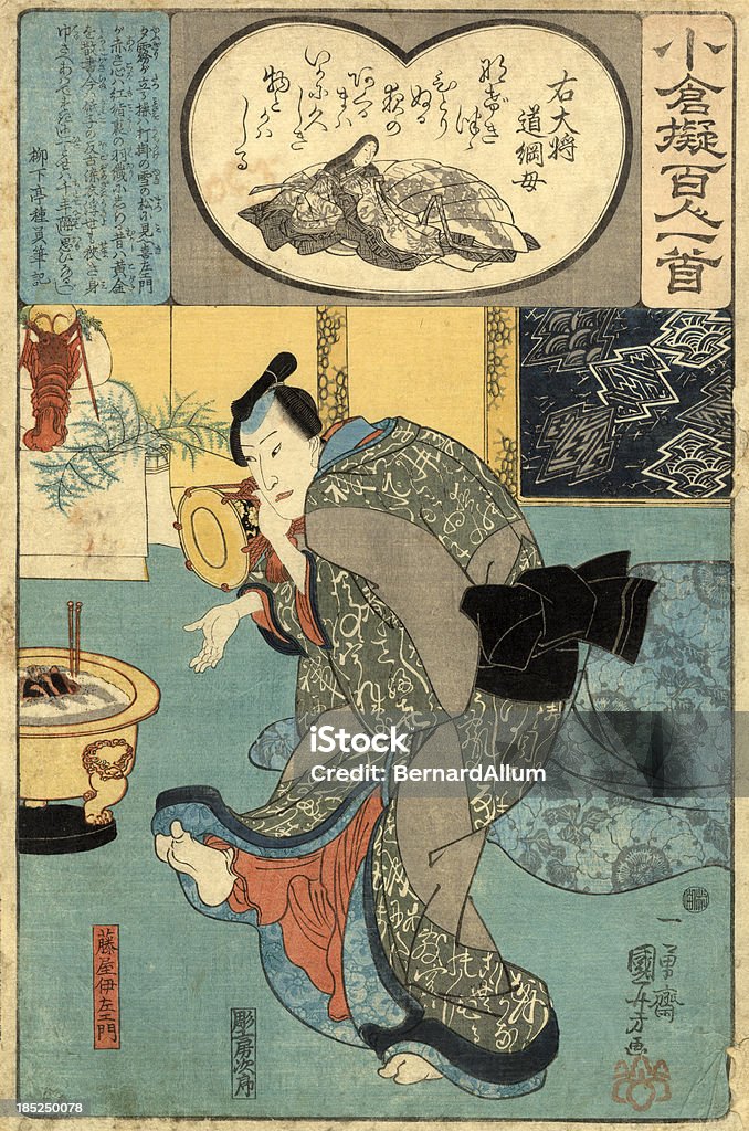 Japanese Woodblock Kuniyoshi, Print Kabuki Actor "Kuniyoshi Utagawa was a popular print master. Trained first in the family craft of dyer, then was probably a pupil of later of Toyokuni. He founded his own style, one so popular that it is said the young men of his time often asked him to tattoo his designs on their bodies. Kuniyohi had a taste for the bizarre, the fantastic and the ghoulish.This print is from the mimic of 100 poems edited in the 12 Century, This image shows the unfortunate wife complaining that her husband did not come home last night. The print dates from 1845 - 1847 and was published by Iba-Ya Sensaburo and forms part of my personal collection.poet nr.: 53, Udaisho Michitsunano hahaaA (Mother of Michitsuna)The actors nane Nakamura Utaemon IV in the role of Fujiya Izaemon, the play: Kuruwa BunshA (Yoshidaya (YA<giri Izaemon)aAcensor seal: MurataaAdate: ca.1847 aApublisher: Ibaya SensaburAaAcarver: hori kA" Kabuki stock illustration