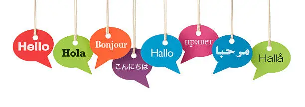 Speech bubbles contain the word HELLO in eight different languages. English, Spanish, French, Japanese, German, Russian, Arabic and Swedish. International business, translation services etc. Isolated on a pure white background, absolutely no dot in the white area – no need to cut-out.