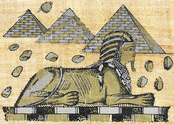 An Ancient Egyptian papyrus showing a sphinx and pyramids Scan-Papyrus with elements of egyptian ancient history.artist is unknow for 2000 years before Jesus Christ. egypt sphynx stock illustrations