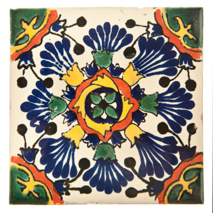 Handcrafted, hand-painted Mexican Ceramic Tile. Mexican tiles are concave (not perfectly flat). They are characterized as unique and  irregular. Stenciled ceramic glaze suggest soft focus and edges.