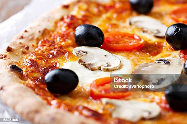 Pizza With Mushrooms And Olives Stock Photo - Download Image Now - Baked, Basil, Cheese