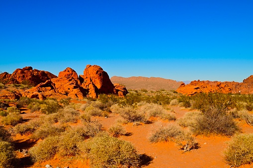 Massive Red Sandstone rock formations in the Mohave Desert.