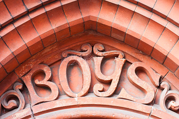 Boys sign above an old school entrance
