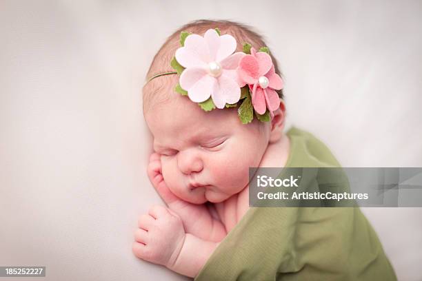 Photo libre de droit de Dormir Petite Fille Nouveauné Emmailloté Dans Une Couverture Douce Et Vert banque d'images et plus d'images libres de droit de 0-1 mois