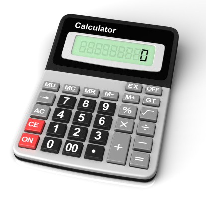 A white digital calculator isolated on white background. Calculator with Solar and battery function.