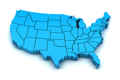 3d render of extruded USA map with state borders, clipping path included so that you can change the background