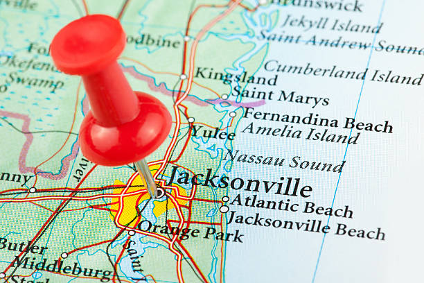 Jacksonville Map, Florida - USA "Jacksonville Map. Source: ""Reference Atlas of the World""" usa road map selective focus macro stock pictures, royalty-free photos & images