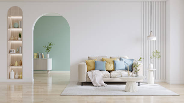istock Modern room ,minimalist interior with  sofa on empty white and  pastel blue color wall background.3d rendering 1852535236