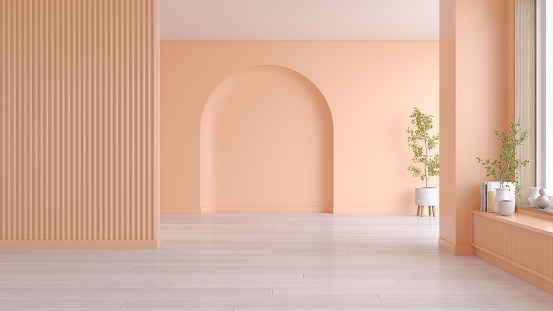 Peach fuzz trend color year 2024  ,minimal interior  livingroom. peach color pastel tone. Mockup background. 3d render