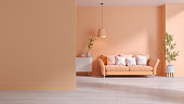 Peach fuzz trend color year 2024  ,minimal interior  livingroom. peach soofa with peach color paint wall. . Mockup background. 3d render