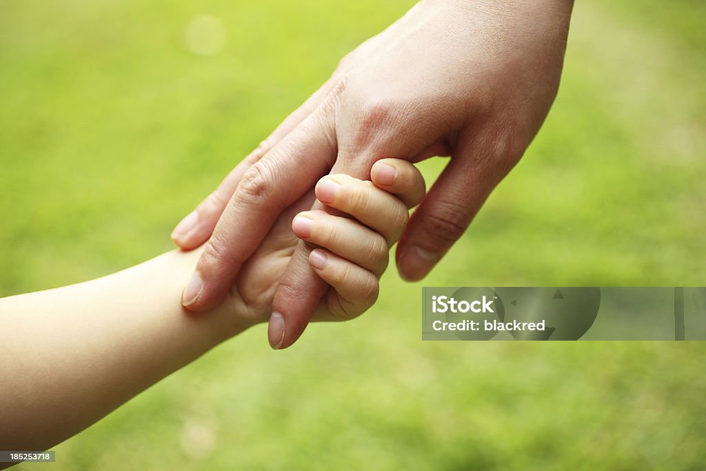 Mother and Child Holding Hands Close-up of mother and child holding hands, against green grass field in a nice sunny day. Reaching Stock Photo