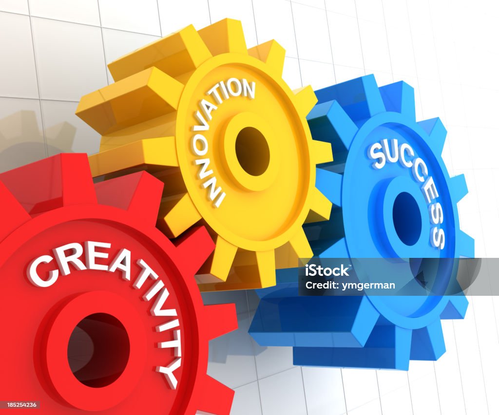 Creativity, innovation and success 3d render of gears with the words creativity, innovation and success Gear - Mechanism Stock Photo