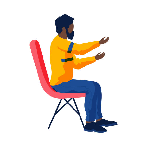 geschäftsmann posieren männliche figur setzen sich hin. afroamerikanischer bärtiger mann sitzt auf stuhl seitenansicht - posing profile side view pensive stock-grafiken, -clipart, -cartoons und -symbole