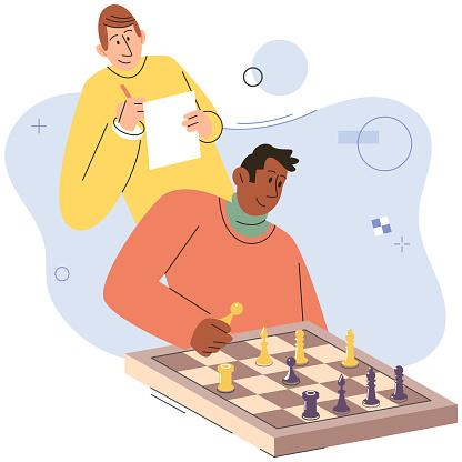 Two players man playing strategic game chess together. Young peope sitting at table with chessboard. Chess tournament between two men. Strategy game. Checkmate. Intelligence business board game