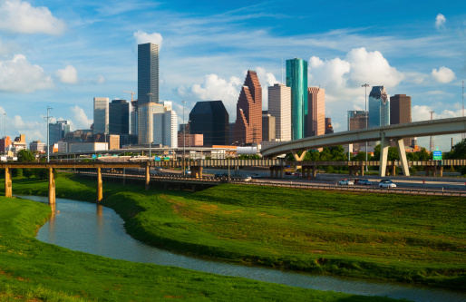 Houston, Texas, USA downtown park and skyline in the morning.