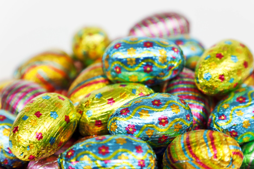 Beautiful colorful decor for Easter. Traditional Easter painted colorful eggs. Selective focus.