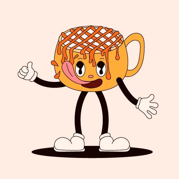 Vector illustration of Groovy drink licking caramel character. Cup of coffee with dripping caramel. Vector illustration isolated on a peach background.