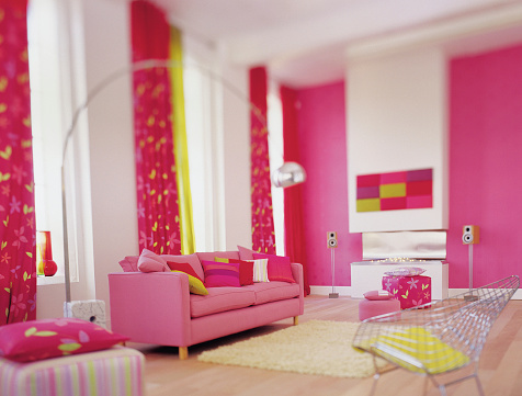 Funky room interior in pink theme.