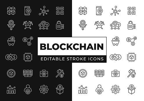 Set of icons: Blockchain, Cryptocurrency, Bitcoin