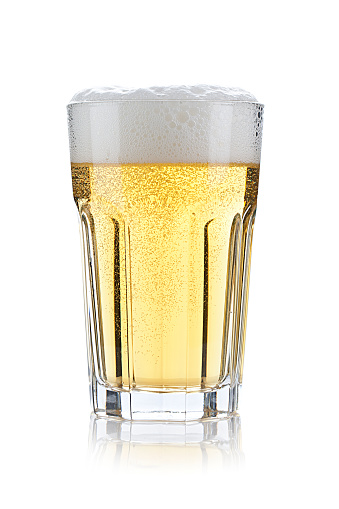 Glass of Fresh Beer with Foam and Bubbles on white background