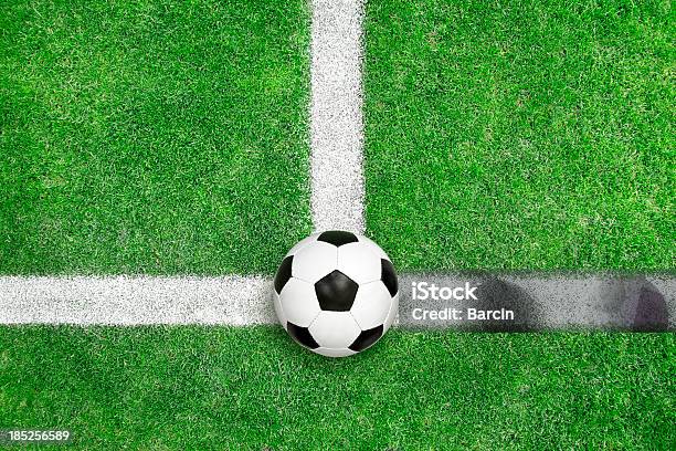 Fußball Ball Auf Grünem Gras Stockfoto und mehr Bilder von Ansicht aus erhöhter Perspektive - Ansicht aus erhöhter Perspektive, Draufsicht, Einzellinie