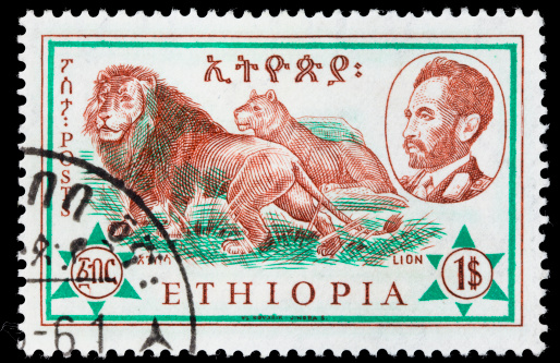 A 1961 Ethiopia postage stamp with an illustraton of a lion and lioness, and a profile of Emperor Haile Selassie.