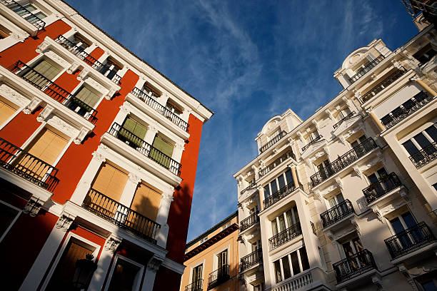 Colorful facades of buildings in Madrid stock photo