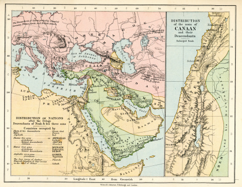 Vintage biblical map from 1879 showing the distribution of Nations after the Deluge the Descendants of Noah and his three sons.  Also the disribution of the sons of Canaan and their descendants.