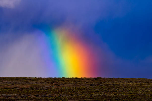 Colorful Vibrant Rainbow in Sky After Rain Storm - Weather phenomenon of colorful colors in bluish clouds reaching from sky to ground. With copy space.