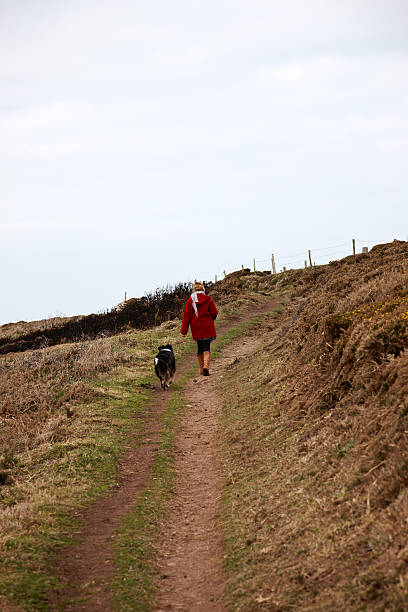 istock Woman and Border collie walking on coastal footpath 185258668
