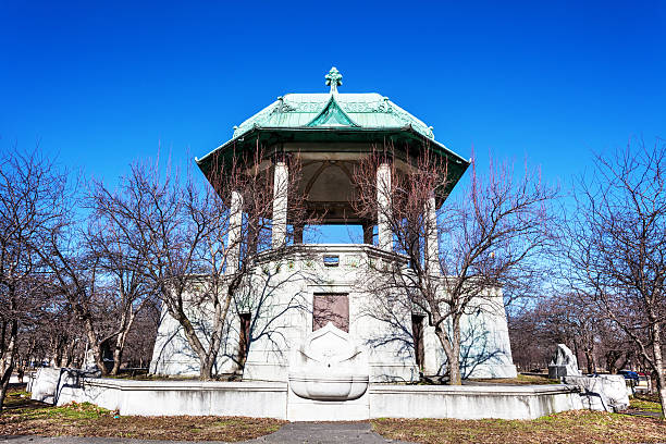 Rotunda on the Moscow embankment. Classic portico gazebo with white balustrade. Cheboksary, Russia, 2022