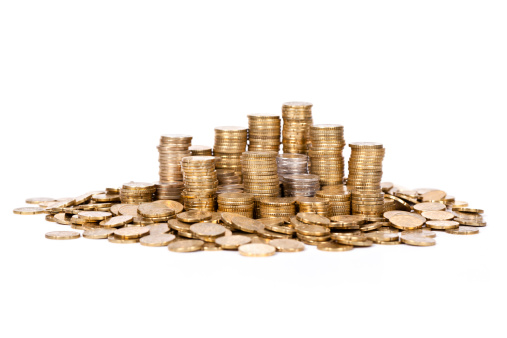 Stack of coins with arrow rising and dollar coin icons. The concept of business growth, Financial investment, Market stock, Profit return, Dividend and Business fund.