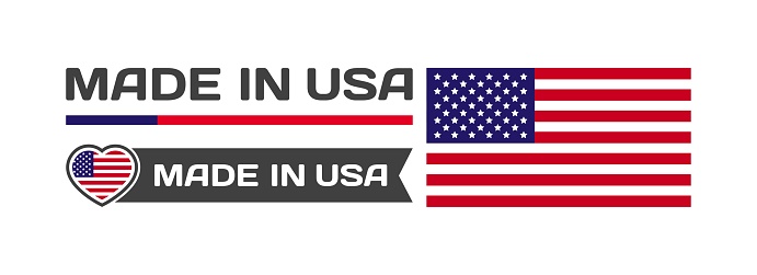 Made in USA icons. National flag of USA any in the shape of a square, heart. Made in USA national flag. Vector icons