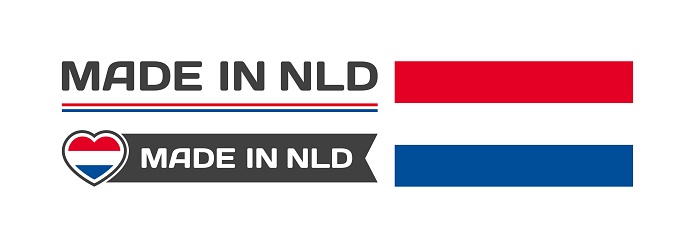 Made in NLD icons. National flag of NLD in the shape of a square, heart. Made in Netherlands national flag. Vector icons