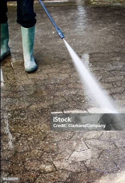 Pressure Washing Block Paving Stock Photo - Download Image Now - High Pressure Cleaning, Patio, Activity