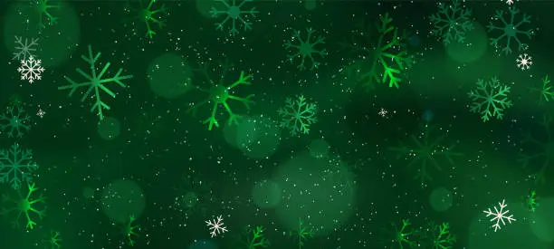Vector illustration of Dark green winter background with snowflakes and hanging balls decoration