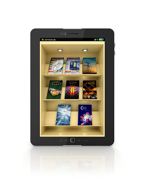 Black tablet showing a book store or library app with shelf Note: All Mobiles tablets design and all screen interface graphics in this series are designed by the contributor him self.. bookstore book library store stock pictures, royalty-free photos & images