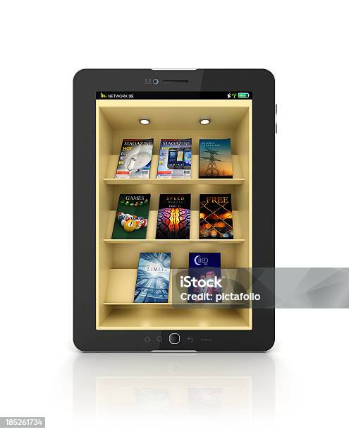 Black Tablet Showing A Book Store Or Library App With Shelf Stock Photo - Download Image Now