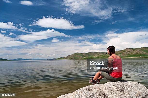 Mujer Joven Con Ordenador Portátil En El Rock Foto de stock y más banco de imágenes de Lago - Lago, Ordenador portátil, Micrófono