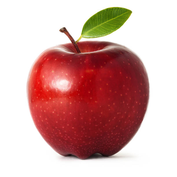 red apple with leaf isolated on white background - apple stok fotoğraflar ve resimler